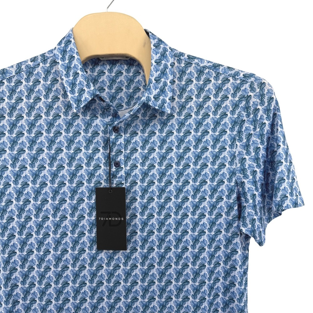 7 Diamonds Belize Polo Mens Large SS Blue Monstera Leaf Stretch Performance Golf